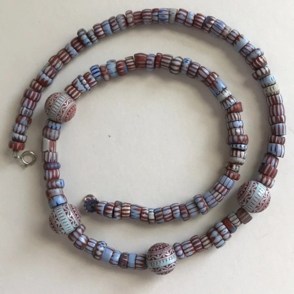 Vintage Handmade Glass Mosaic Chevron Bead Sterling Silver Clasp 16 In Necklace